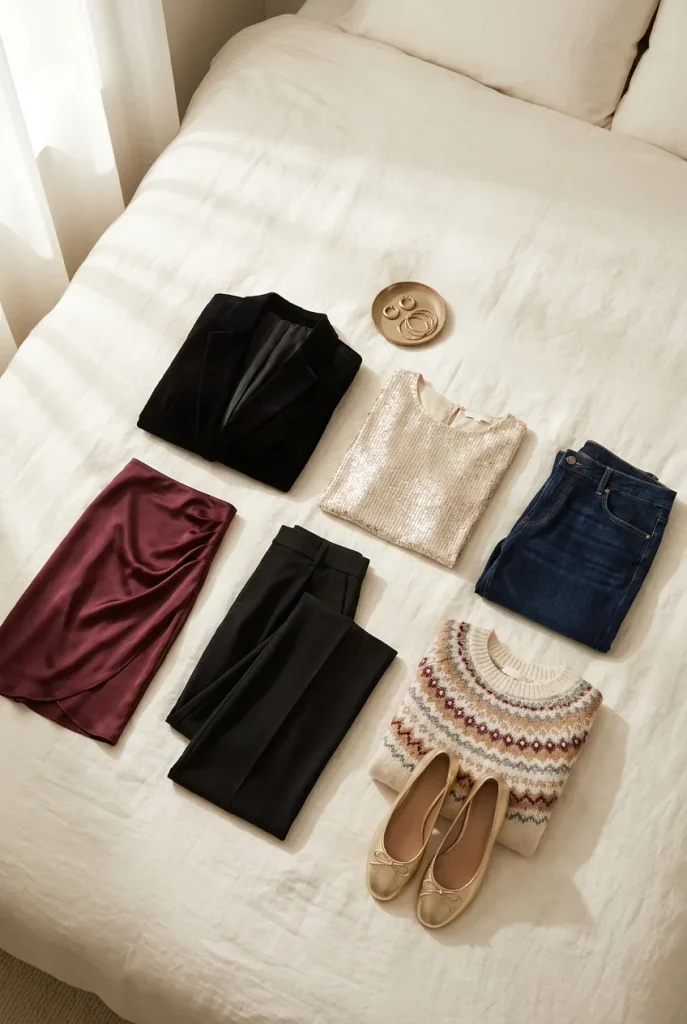 Flat-lay of holiday party outfits for plus-size women with velvet blazer, satin midi skirt, and jeans