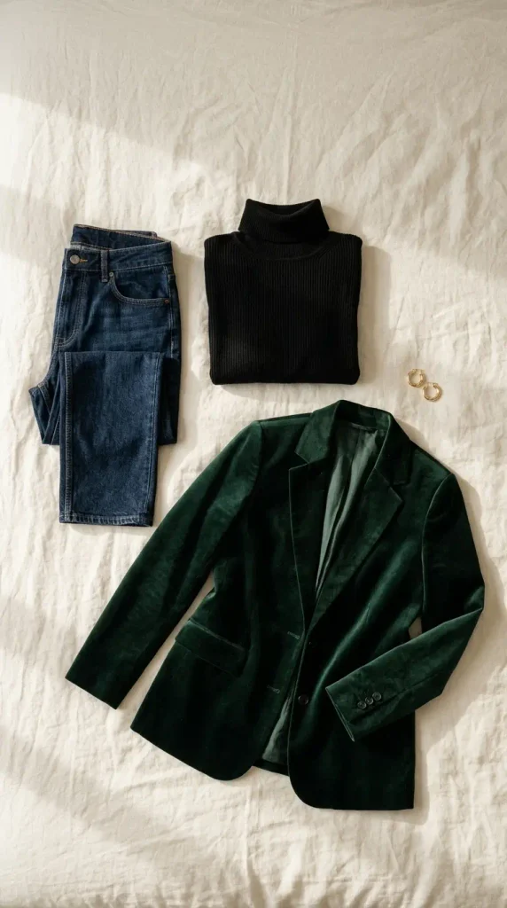 Flat-lay of jeans, black turtleneck, green velvet blazer and gold hoops showing the 2+1+1 Christmas outfit rule