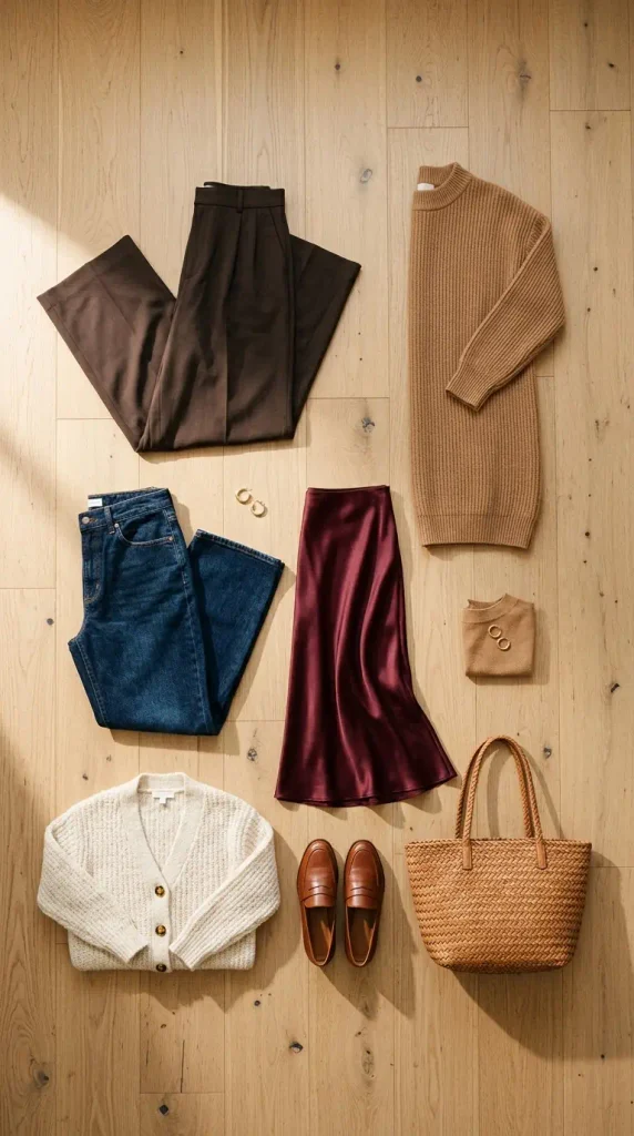 Flat-lay of plus-size Thanksgiving outfit pieces: wide-leg trousers, sweater dress, jeans, burgundy skirt and loafers