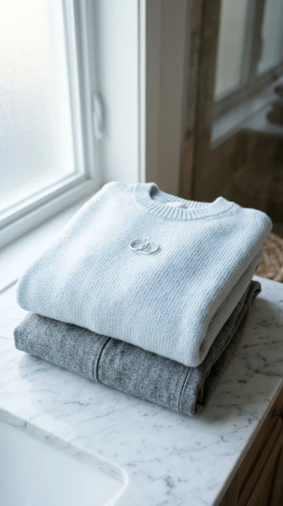 Folded icy blue sweater on gray trousers with silver hoops, a Christmas outfit without red or green