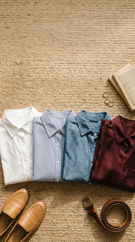 Four folded button-down shirts on a jute rug with loafers and a belt, outfits for plus-size women