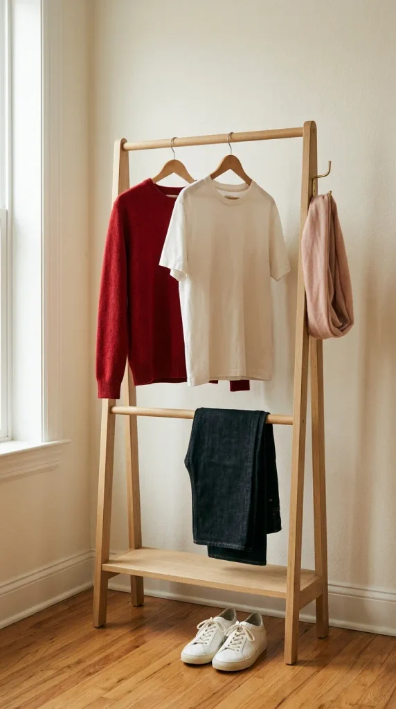 Galentine's Day outfit pieces on a rack: red sweater, white tee, jeans, pink scarf and white sneakers