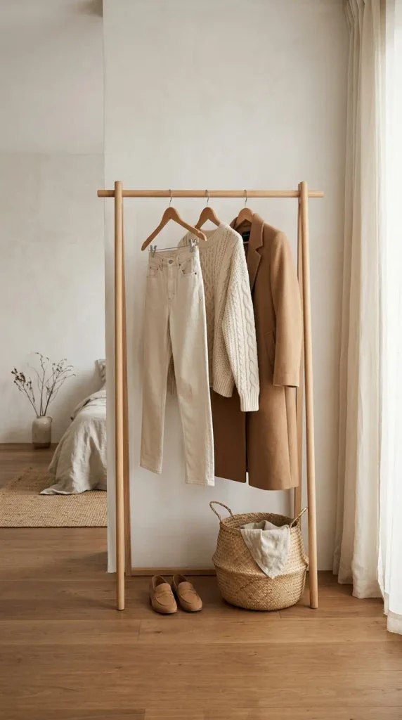 Garment rack with ecru jeans, a cream knit, and a camel coat for winter