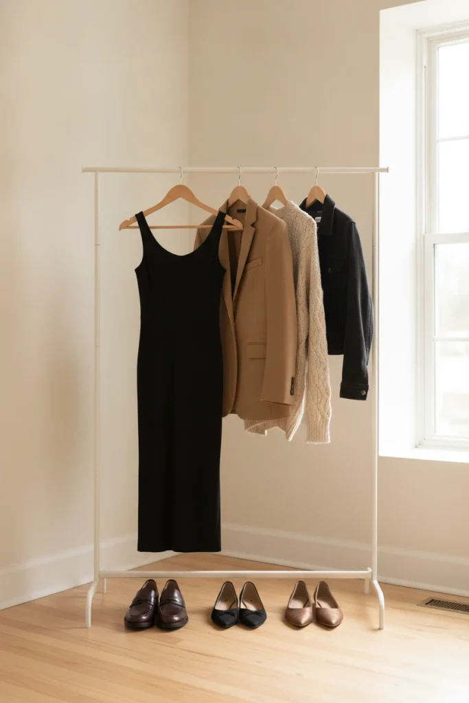 Garment rack with one black midi dress and three layers for different holiday party outfits