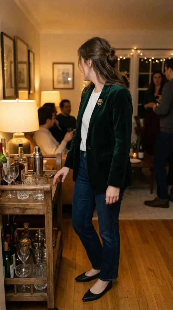 Green velvet blazer with a white tee and jeans at a home party, a casual Christmas party outfit