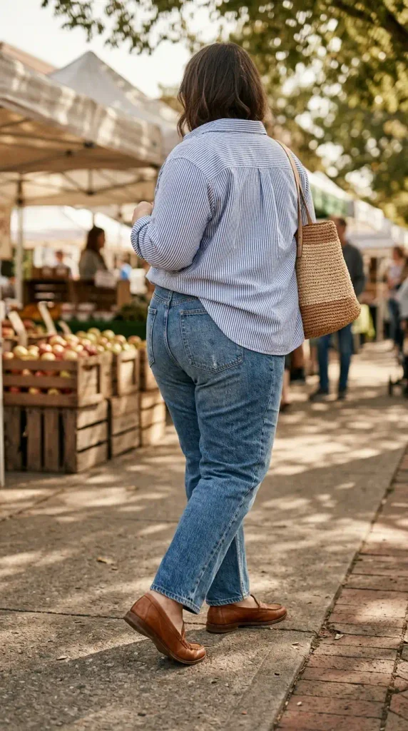 Half-tucked blue striped button-down with straight-leg jeans and loafers, a plus-size weekend outfit