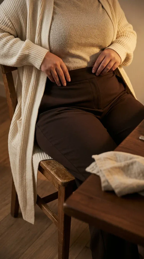 Hands adjusting the waistband of comfy wide-leg trousers at a Thanksgiving dinner table