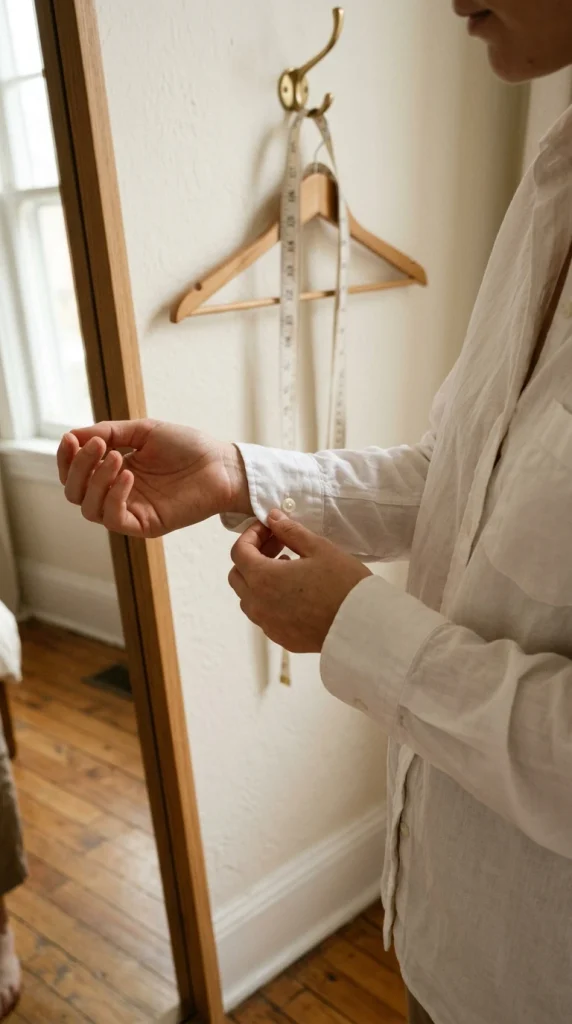 Hands buttoning a white shirt cuff at the wrist bone during a fit check