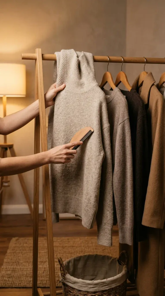 Hands combing pills off an oatmeal knit on a wooden garment rack, a simple sweater care routine