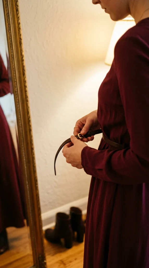 Hands fastening a skinny belt on a long-sleeve wine maxi dress, Valentine's Day Outfits for Plus-Size Women