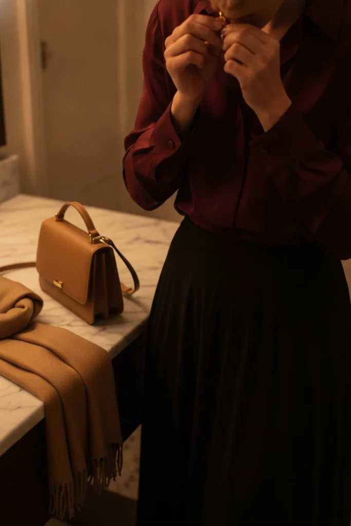 Hands fastening gold hoops over a burgundy satin top and black maxi skirt, a festive attire party outfit