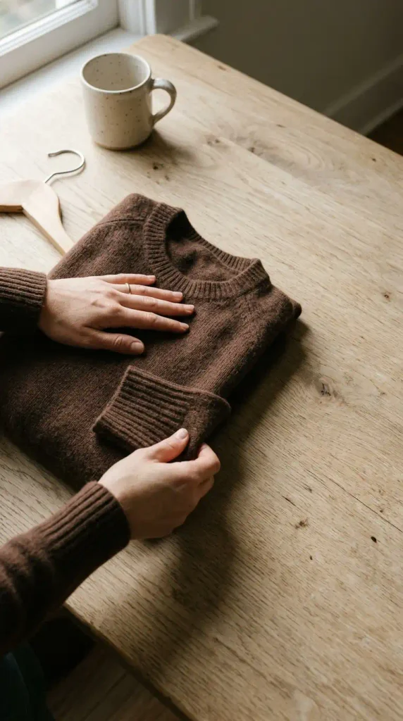 Hands folding a chocolate cashmere crewneck, an affordable capsule wardrobe fashion find