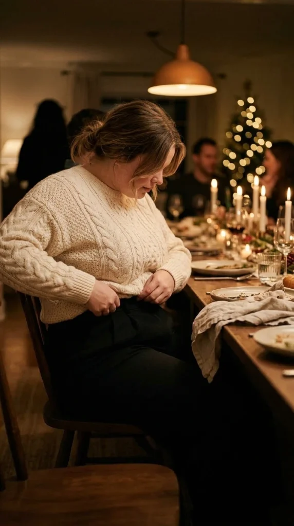 Hands half-tucking a cream knit into wide-leg trousers at a table, a plus size Christmas dinner outfit