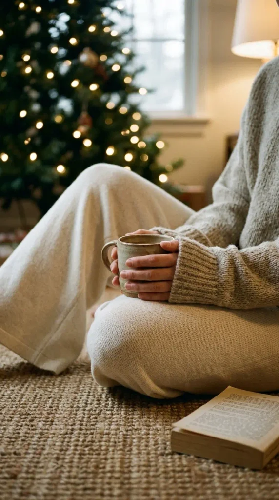 Hands holding a mug in a cream knit and wide-leg pants, a casual Christmas morning outfit by the tree