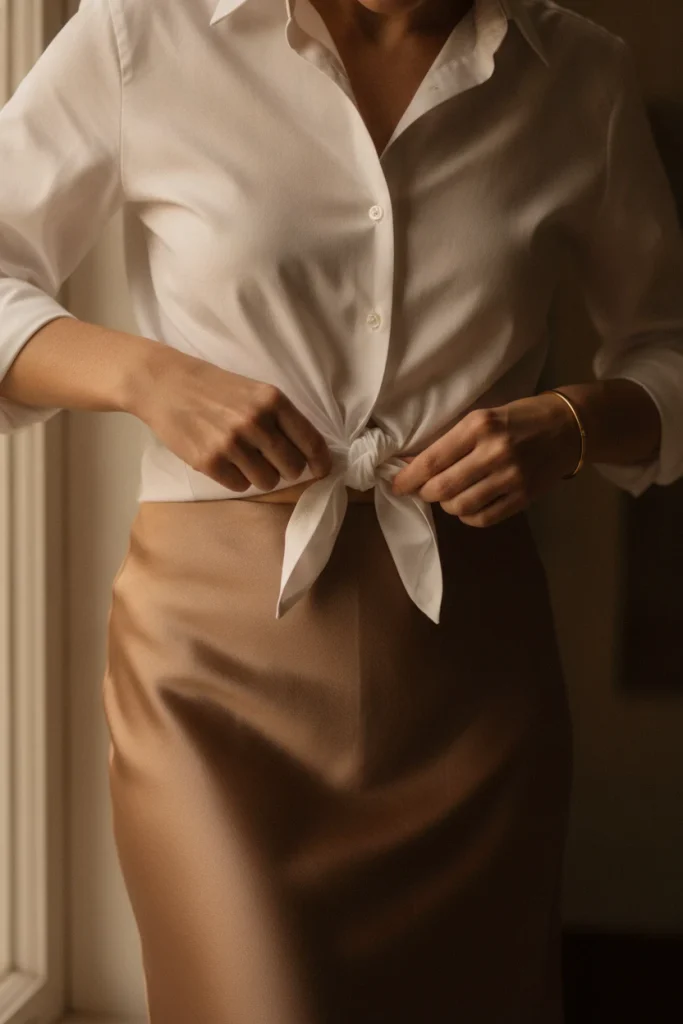 Hands knotting a white button-down over a bronze satin slip skirt for a holiday party outfit