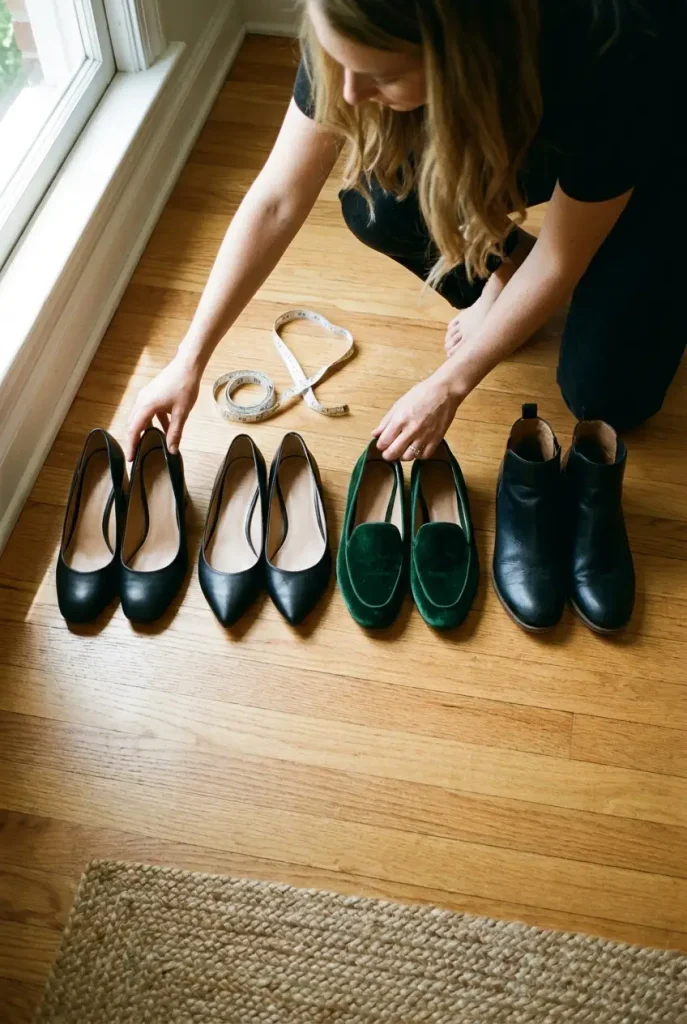 Hands lining up low heel party shoes by a tape measure, comfortable holiday shoes for women over 50