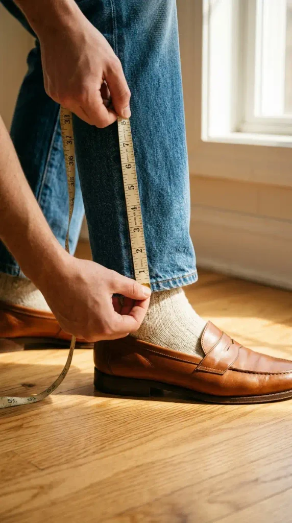 Hands measuring a straight-leg jeans hem at the ankle above a cognac loafer