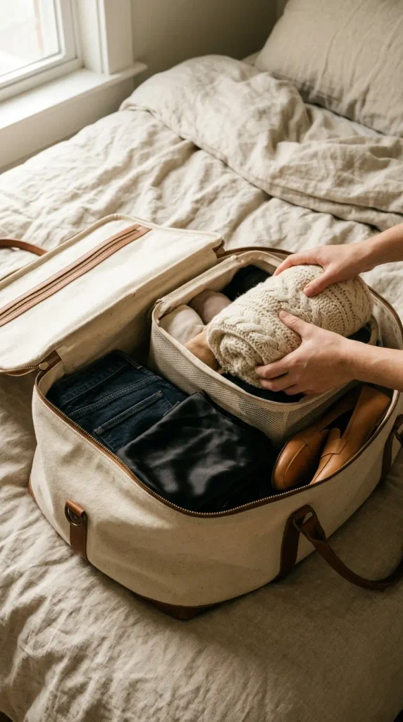 Hands packing a Valentine's weekend capsule of knit sweater, jeans, satin skirt and loafers in a bag