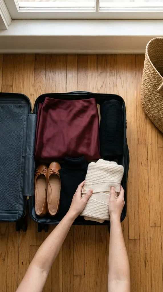Hands packing a carry-on with a satin midi skirt and knits for a Christmas travel capsule