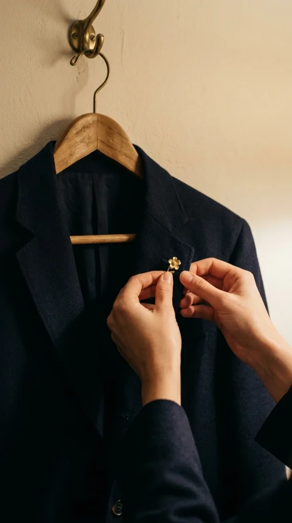 Hands pinning a gold vintage brooch on a navy blazer lapel for a Valentine's outfit over 50