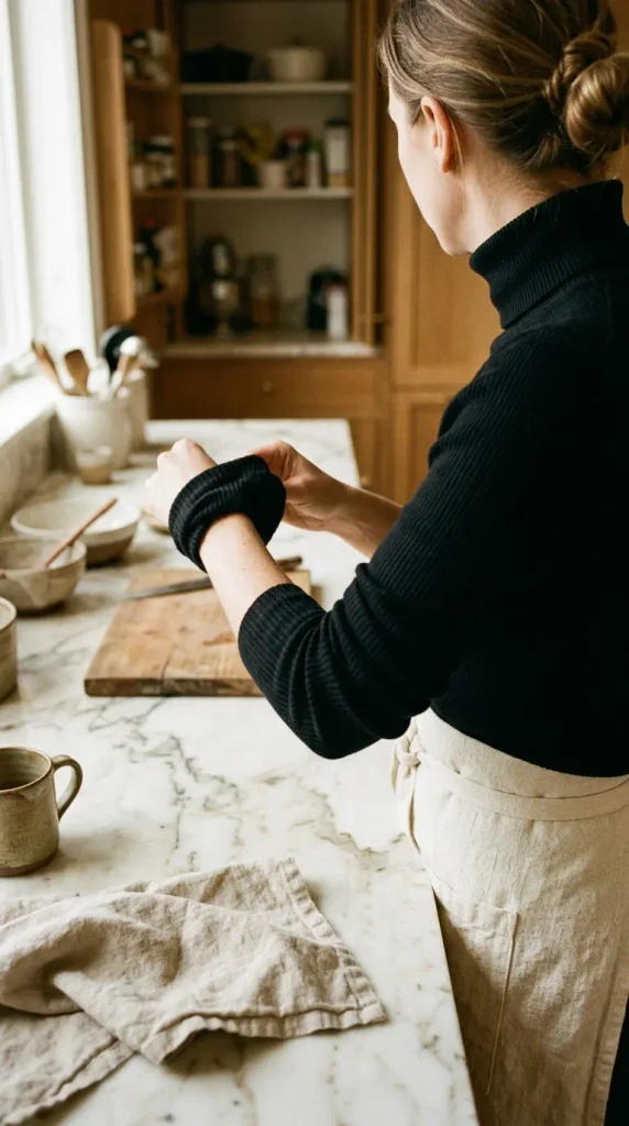 Hands pushing up turtleneck sleeves at a kitchen counter, a practical Thanksgiving outfit for the host