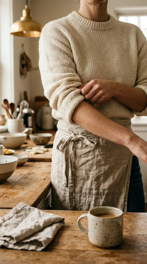 Hands rolling up a cream sweater sleeve before cooking, a casual Christmas outfit for hosting