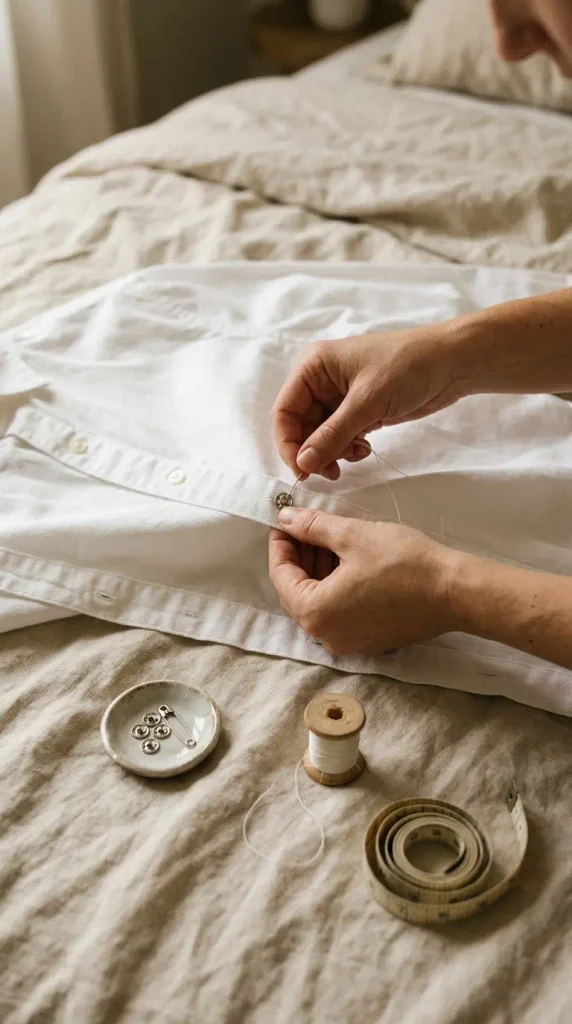 Hands sewing a small snap inside a white shirt placket to stop a plus-size button-down from gaping