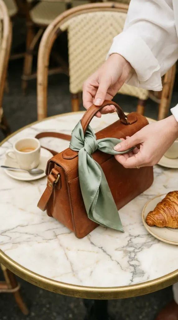 Hands tying a sage silk scarf on a cognac crossbody bag handle, a small capsule accessory find