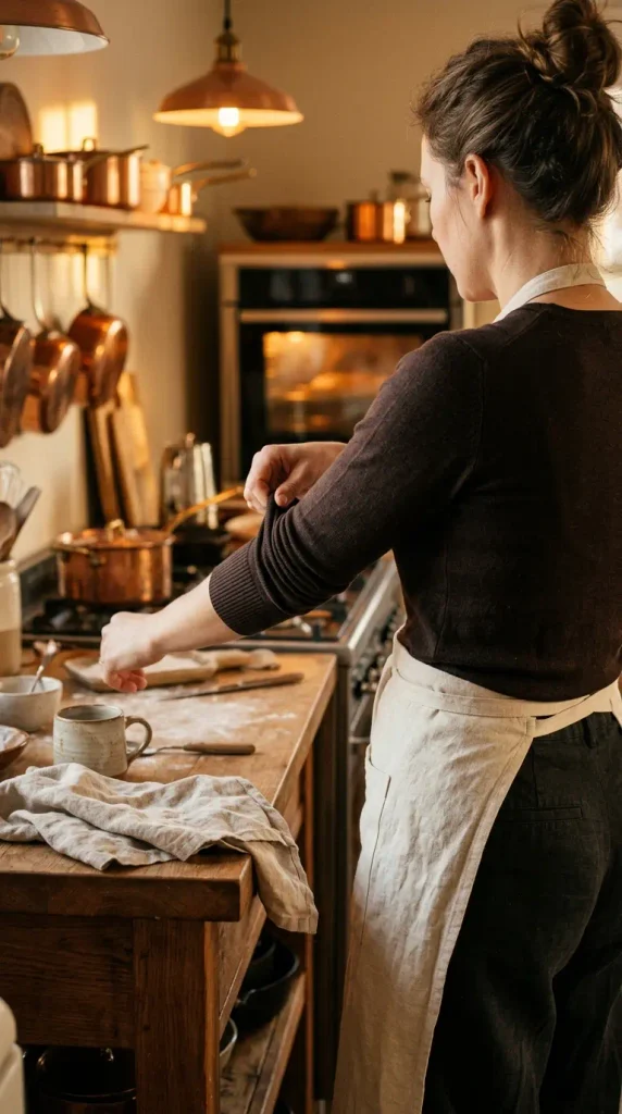 Host pushing up fitted knit sleeves in the kitchen before Thanksgiving dinner, wearing wide-leg trousers