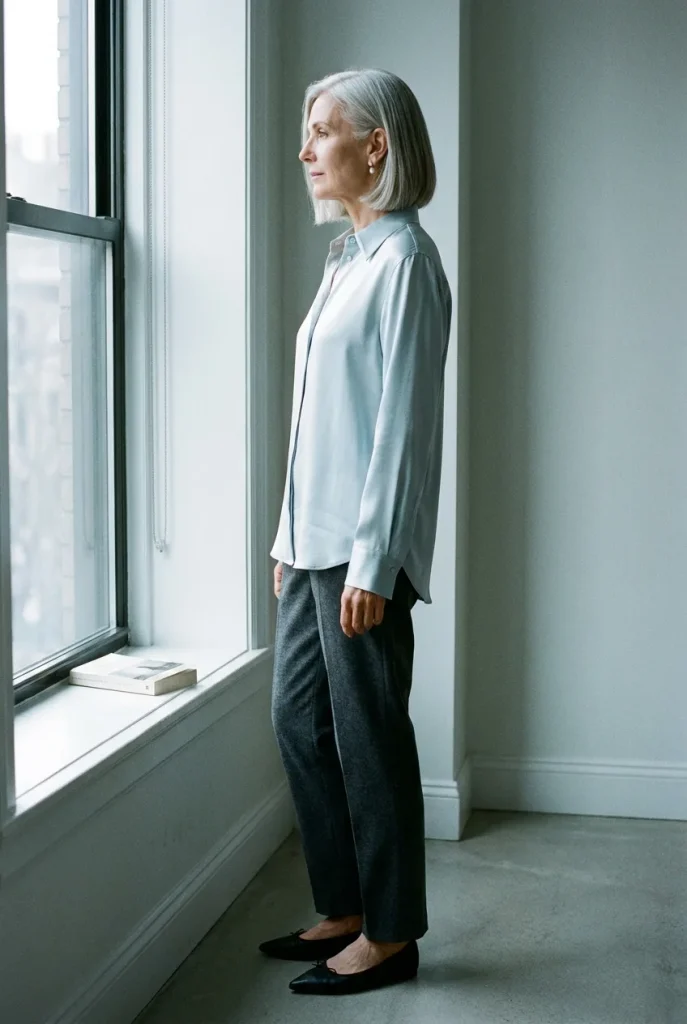 Ice blue satin shirt with gray trousers, a quiet luxury holiday party outfits for women over 50