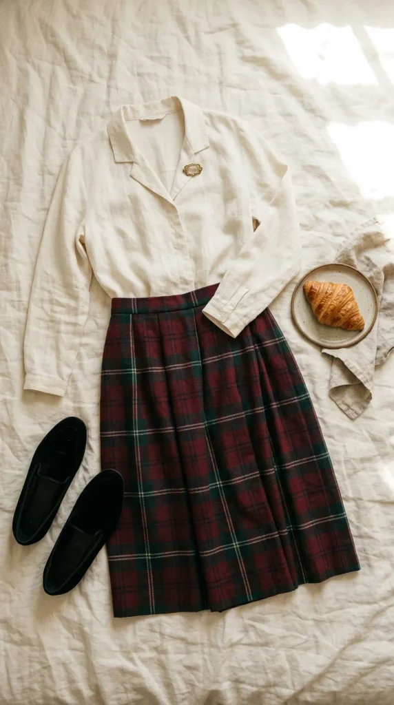 Ivory blouse with a gold brooch and tartan midi skirt laid flat, a Christmas brunch outfit over 50