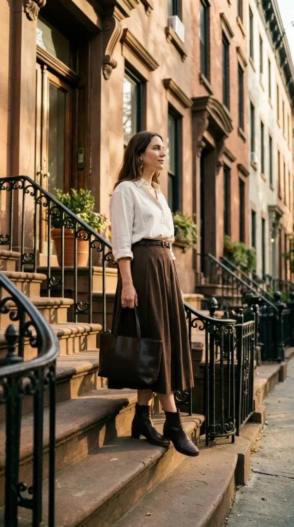 Ivory button-down tucked into an espresso midi skirt with ankle boots on brownstone steps