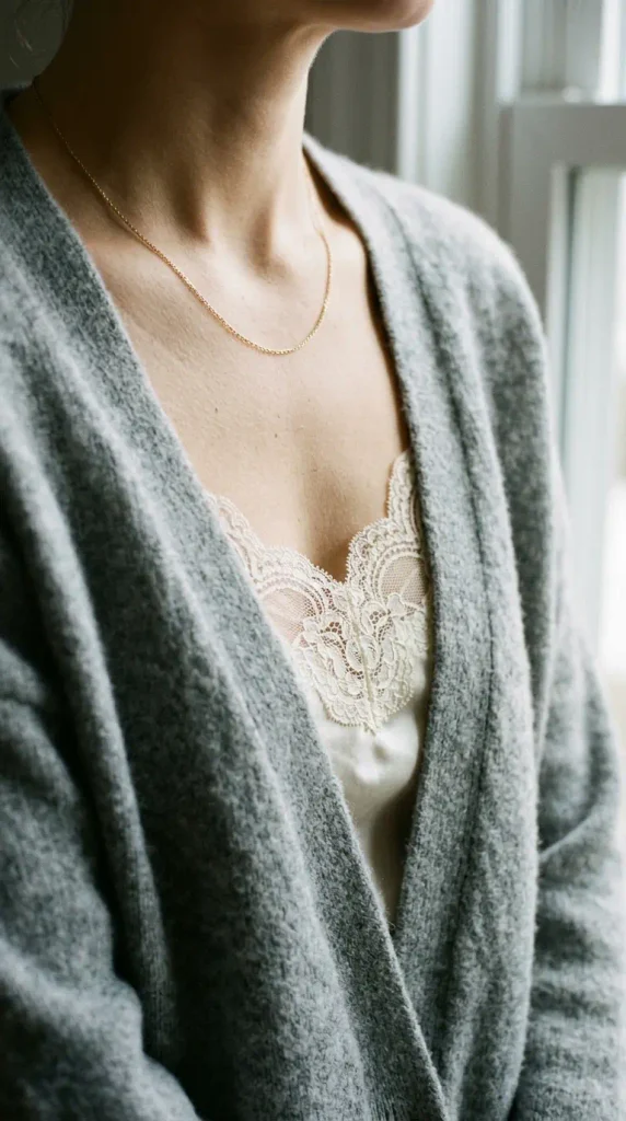 Ivory lace camisole under a gray cardigan, a subtle first date Valentine's look for women over 50