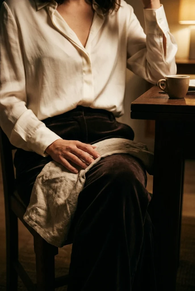 Ivory silk blouse with velvet trousers at a dinner table, a seated holiday party outfit over 50