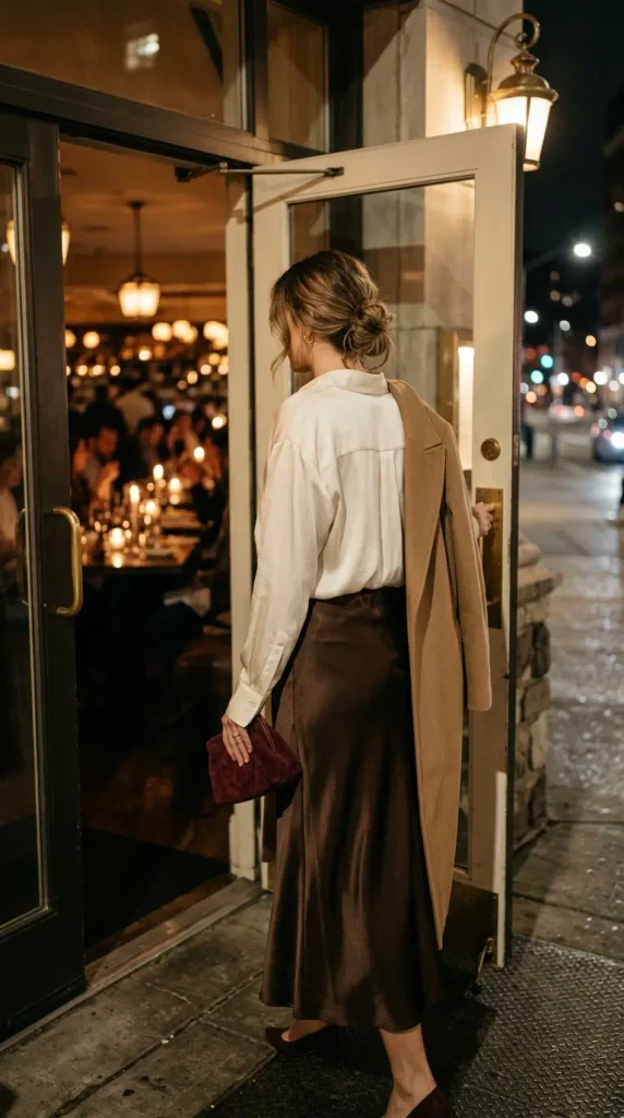 Ivory silky button-down tucked into an espresso satin skirt for a date night outfit