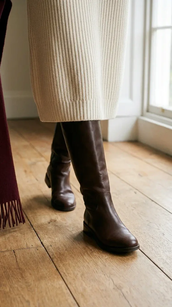 Ivory sweater dress hem with espresso knee boots, a Thanksgiving outfit idea for women over 50