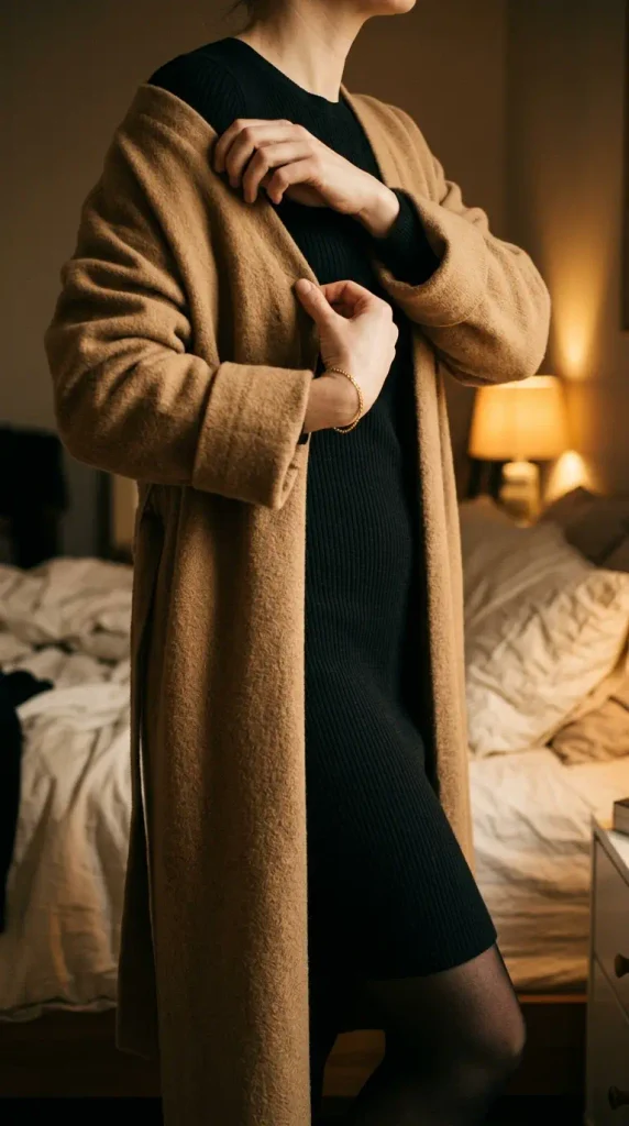 Little black dress layered with a long camel cardigan and black tights for Valentine's Day
