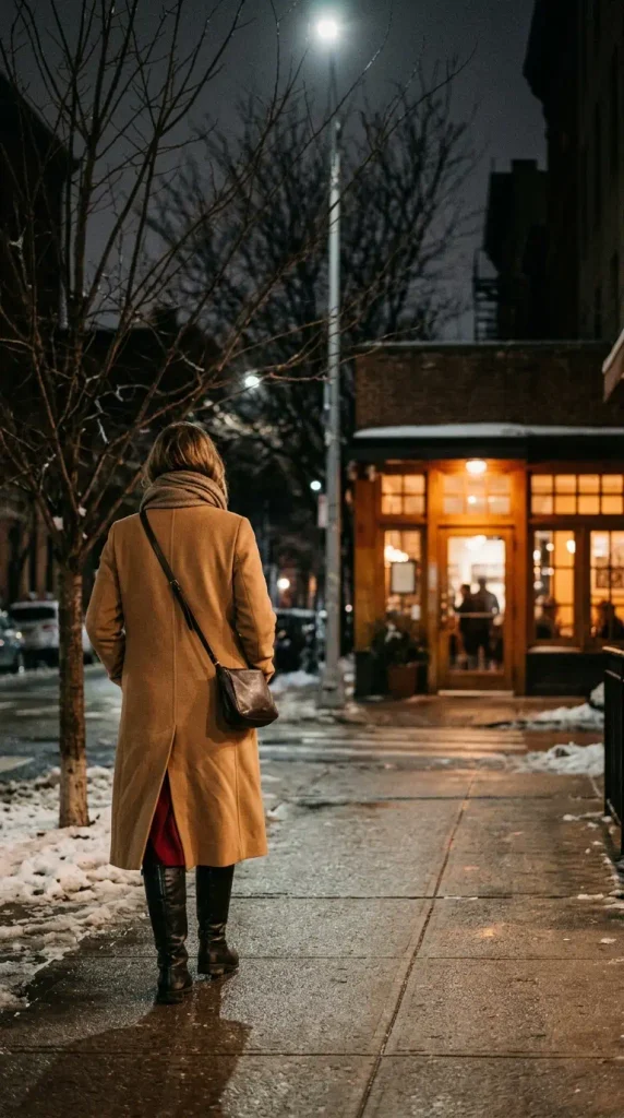 Long camel coat over a red wrap dress, a warm Valentine's dinner outfit for women over 50