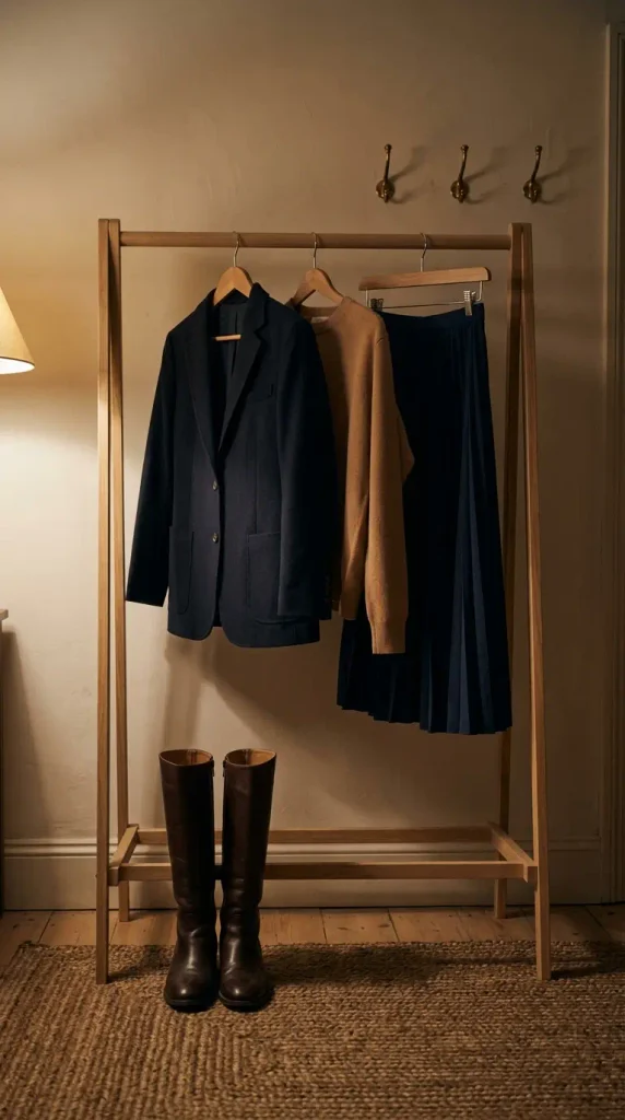 Navy blazer, camel sweater and midi skirt on a garment rack, planned as a Thanksgiving dinner outfit