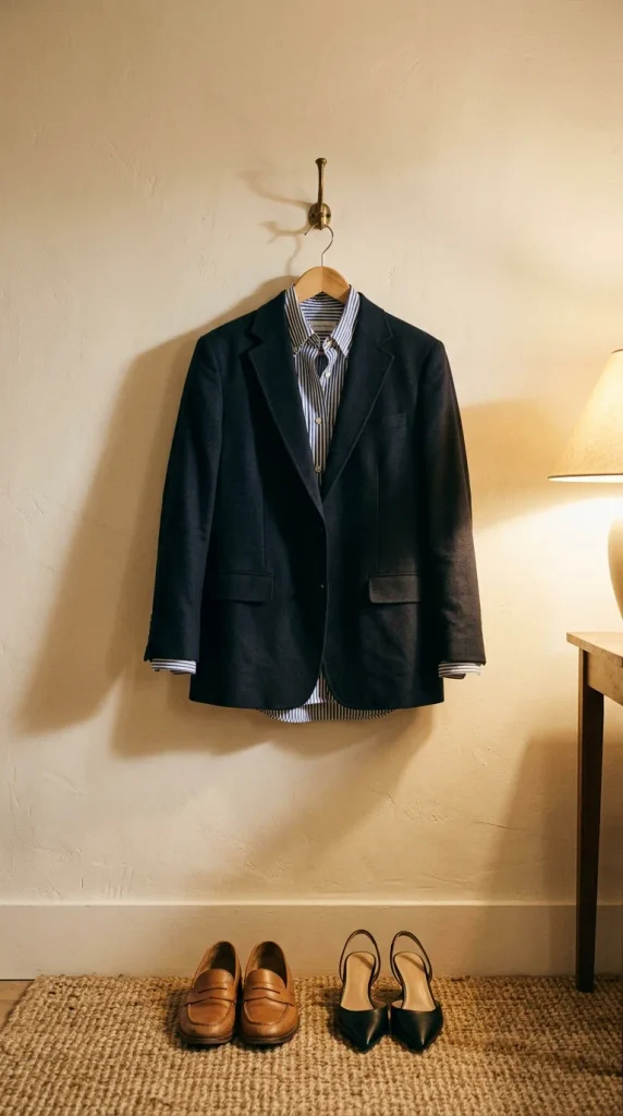 Navy blazer over a striped button-down on a brass hook with loafers and low heels below