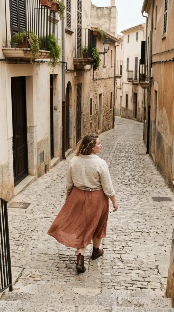 Oat linen button-down tied at the waist over a terracotta midi skirt with ankle boots, plus-size outfit