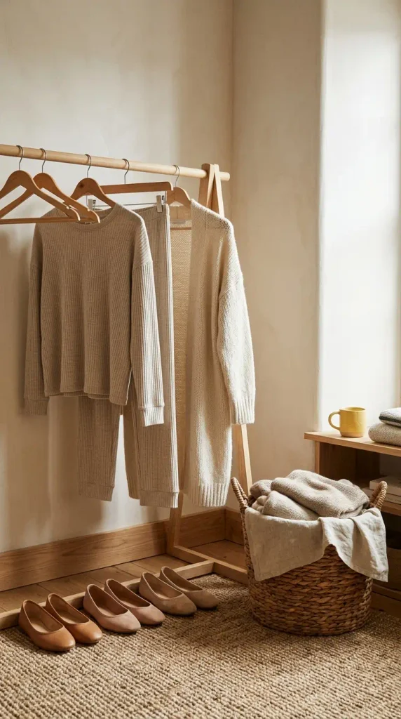 Oat ribbed lounge set and cream cardigan on a garment rack, a casual Thanksgiving outfit over 50