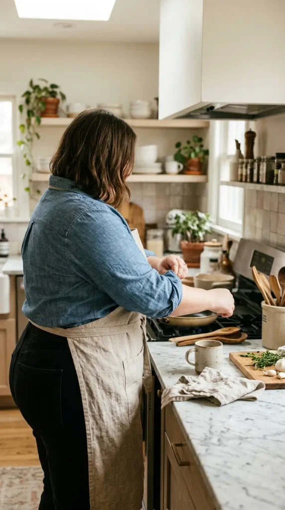 Over-the-shoulder view of a Thanksgiving host in a chambray shirt and apron cooking in the kitchen