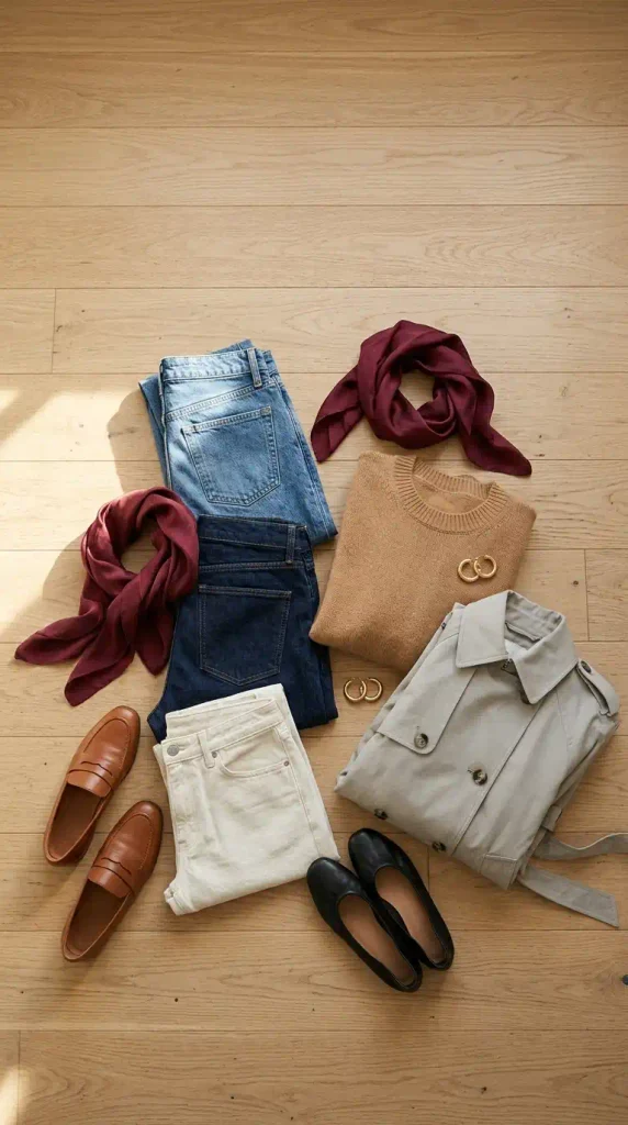 Overhead flat-lay of three pairs of jeans with loafers, ballet flats, and a camel knit for jeans outfits