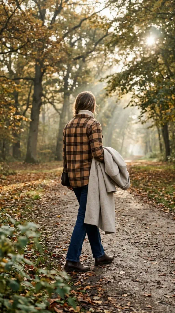 Plaid flannel button-down worn open over a cream turtleneck with jeans on a fall park path