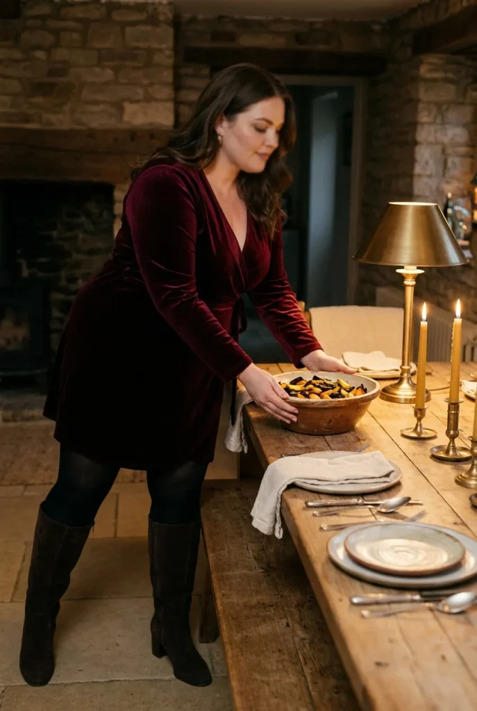 Plus-size Christmas party outfit with burgundy velvet wrap dress, black tights, and knee boots