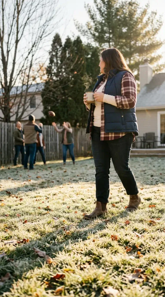 Plus-size Thanksgiving outfit for outdoors: puffer vest over flannel with straight jeans and ankle boots