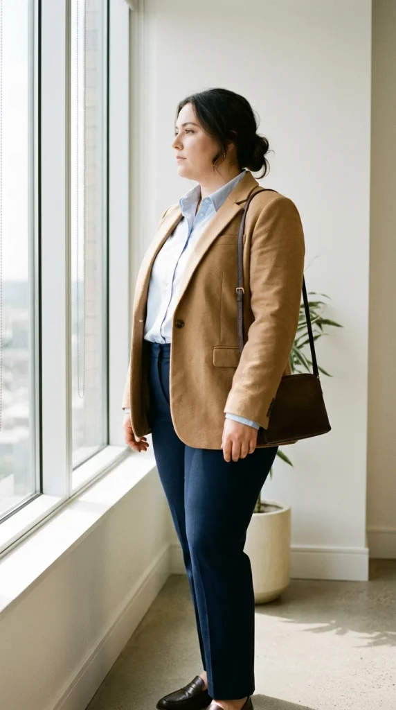 Plus-size business casual outfit with a pale blue button-down, camel blazer, and navy trousers