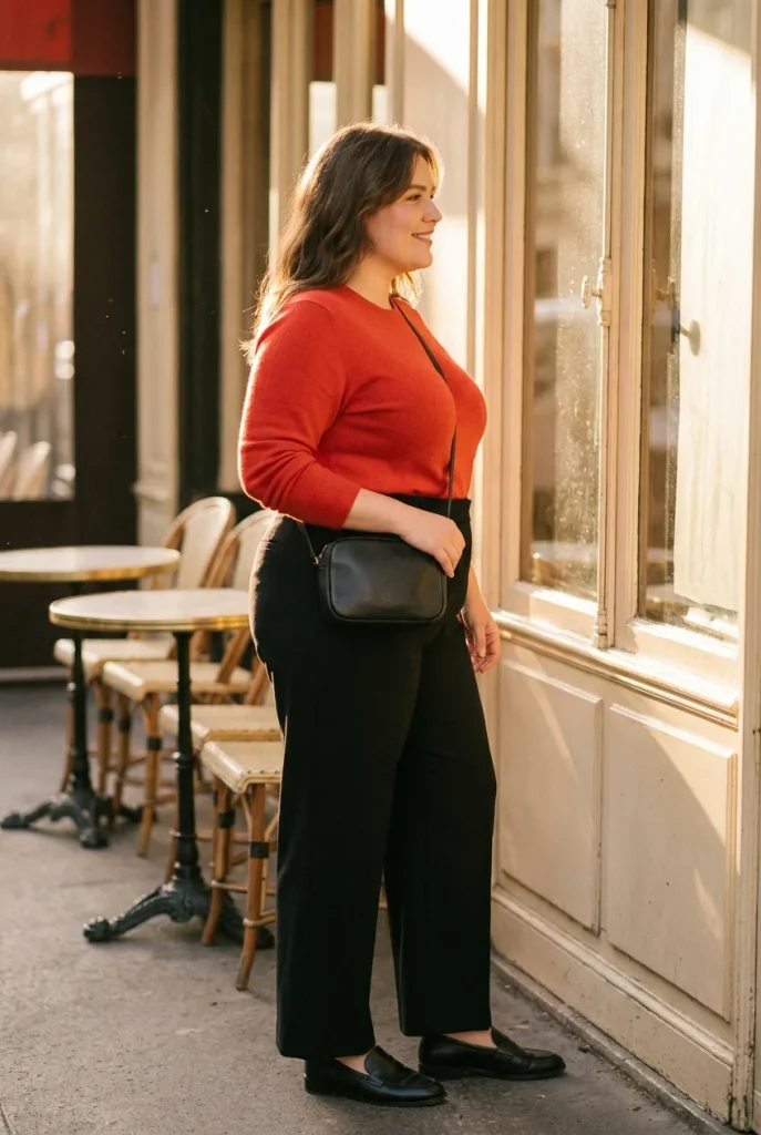 Plus-size holiday party outfit with tomato red sweater, black trousers, and loafers by a window