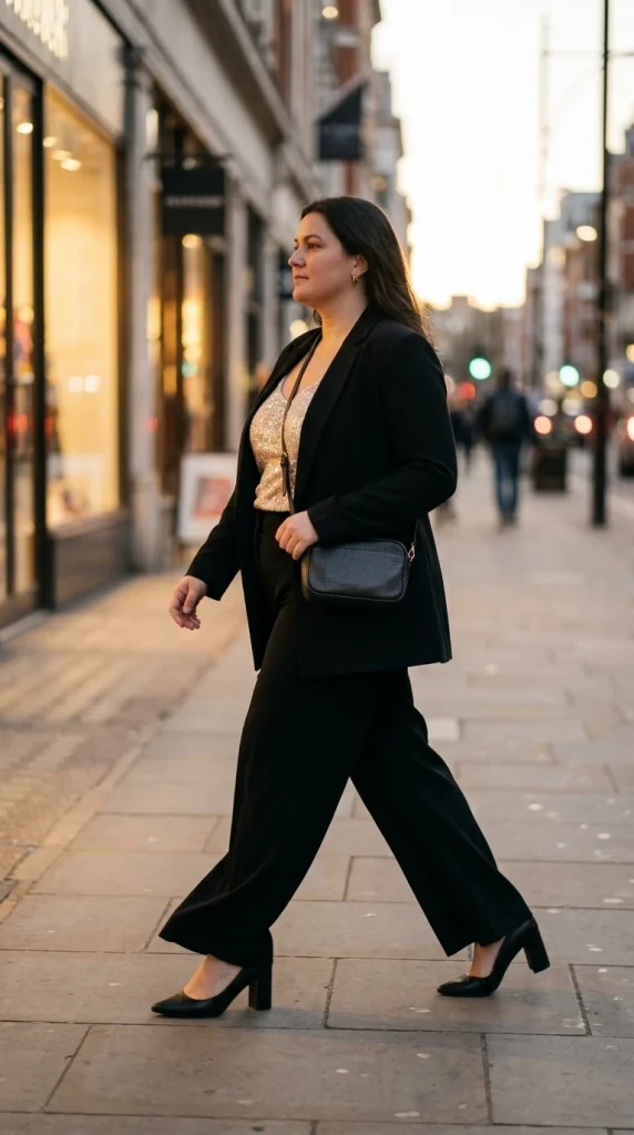 Plus-size woman in a blazer, sequin top and wide-leg trousers walking to a Christmas party at dusk
